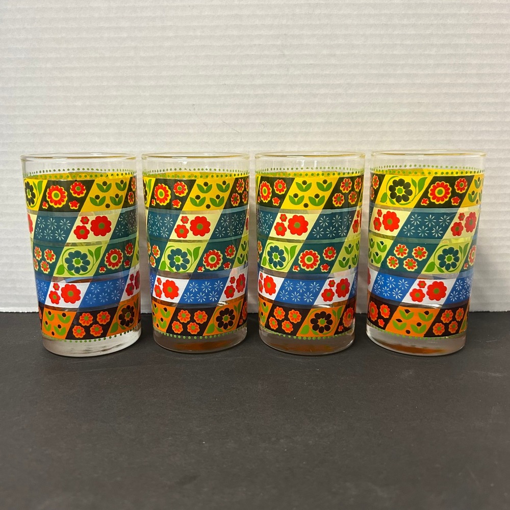 Vintage Libby Juice Glasses Set of 4 Multicolor Retro Floral MCM Tumblers